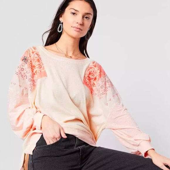 Free People Camiseta Feelin It Boho Patchwork Top in Alabaster Combo W1096 Sz S - Picture 2 of 13